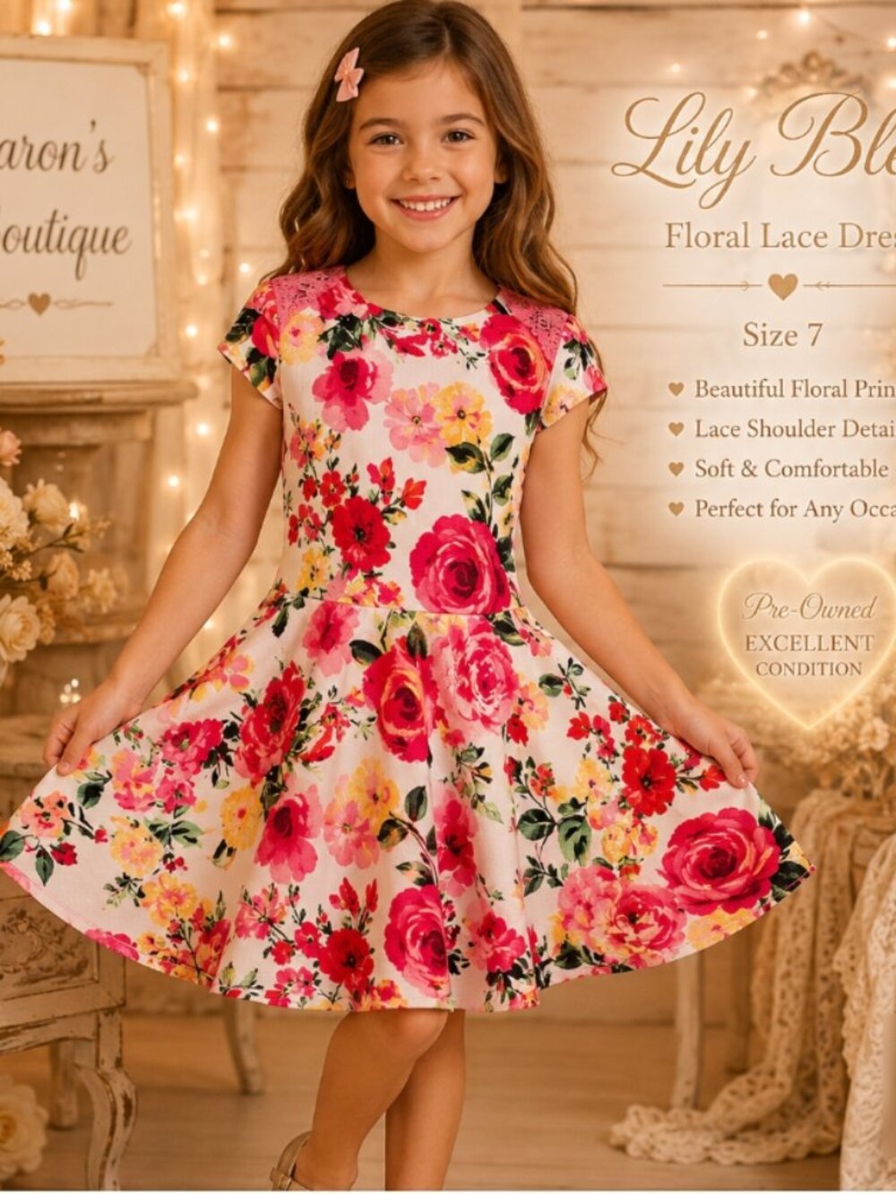 Lily Bleu Girls Size 7 Floral Fit & Flare Dress Pink Lace Shoulders Twirl Skirt